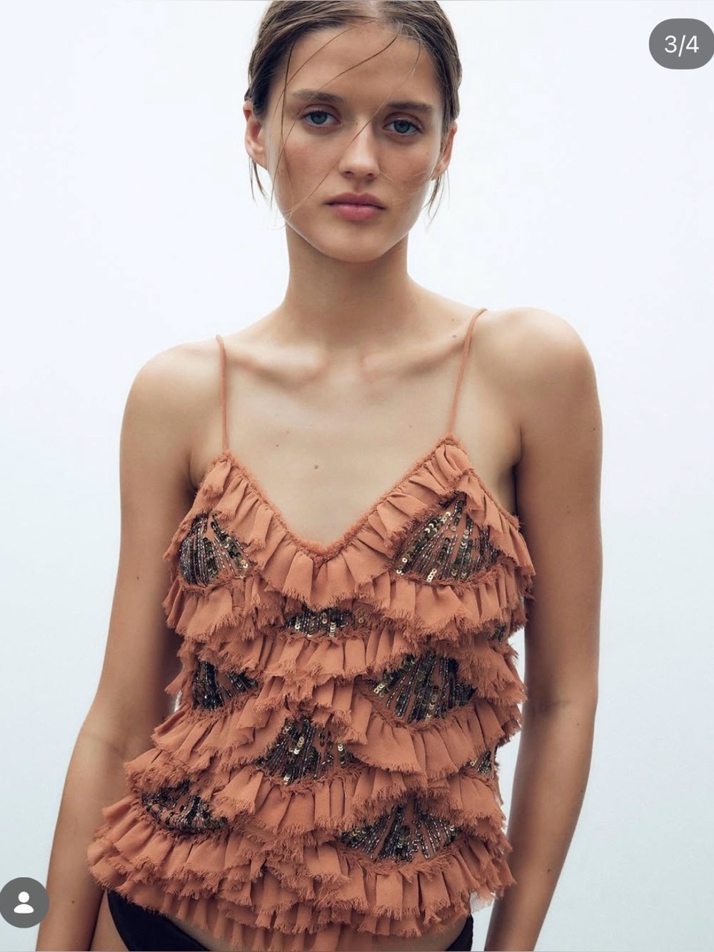 ZARA Rust Ruffle Sequin Spaghetti-Strap Tank Top